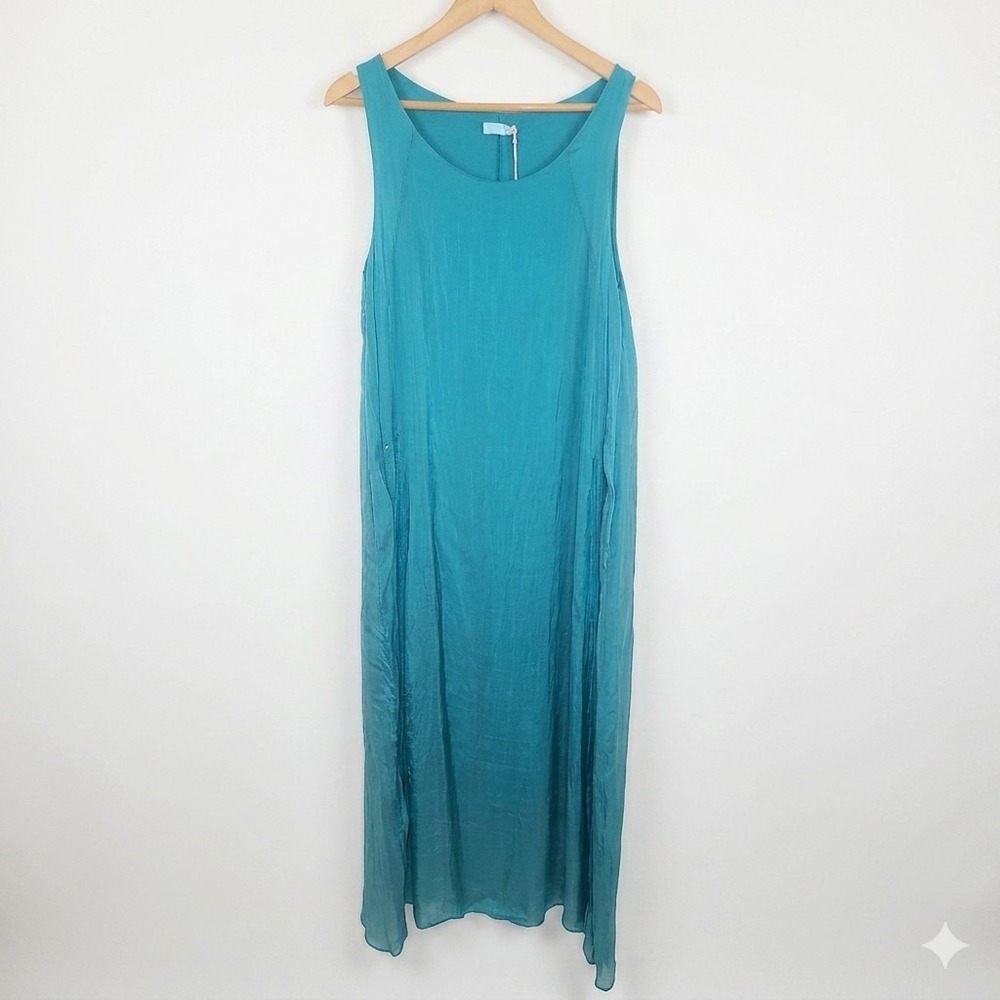 SCANDAL ITALY‎ Silk Maxi Dress Beaded Side Slits Teal Blue Lagenlook Boho Fairy